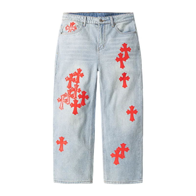 P270 💰 (Top version) chrome hearts ss25 new blue Miami patchwork red leather jeans. Styles with different wash textures, very friendly to people with thin legs and thick legs. The slightly flared version is very flattering to the leg shape. The timeless and moderate length makes it easy to match casually. It has the basic styling foundation for various styles and is a must-have in the wardrobe! The fabric is stiff but also makes the upper body soft without losing texture. The washing process is even more perfect. It is a must-have item for everyone! ! !  Color: blue Size: 30-32-34-36 30 32 34 36 Waist circumference 80 85 90 95 Sitting circumference 105 110 135 120 Foot opening 46 47 48 49 External length 102 103 104 105